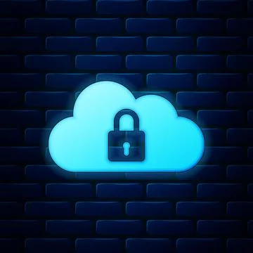 Glowing neon Cloud computing lock icon isolated on brick wall background Stock Illustration