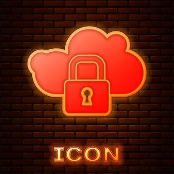 Glowing neon Cloud computing lock icon isolated on brick wall background. S.. Illustrazione stock