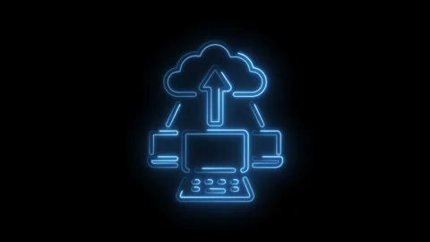 Glowing neon cloud computing network with computer and laptop data upload d.. Stock Footage 345989850