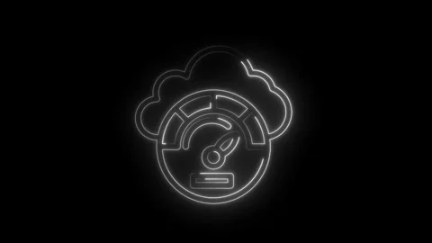 Glowing neon cloud computing performance gauge icon animation on black back.. Stock Footage 312309623