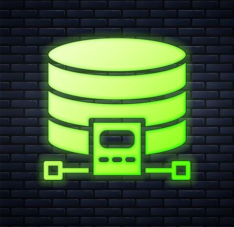 Glowing neon Cloud database icon isolated on brick wall background. Cloud com Stock Illustration