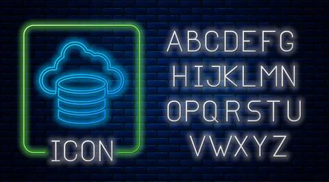Glowing neon Cloud database icon isolated on brick wall background. Cloud Illustrazione stock