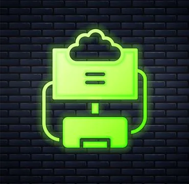 Glowing neon Cloud database icon isolated on brick wall background. Cloud com Stock Illustration