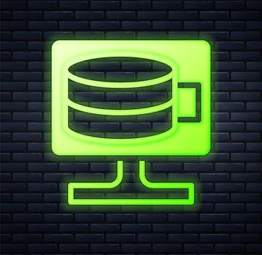 Glowing neon Cloud database icon isolated on brick wall background. Cloud Illustrazione stock