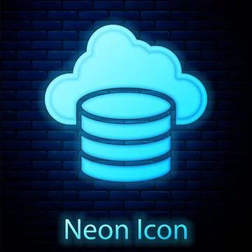 Glowing neon Cloud database icon isolated on brick wall background. Cloud c.. Stock Illustration