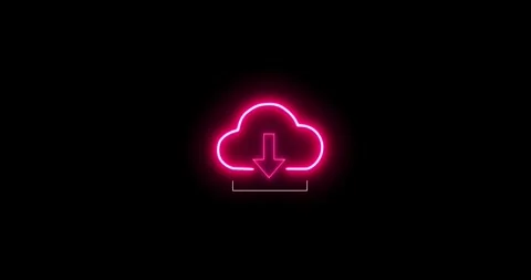 Glowing neon cloud download arrows icon on black background. Indicating file sav Vídeos de archivo 333053646