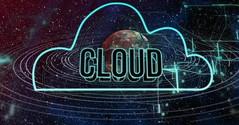Glowing neon cloud enclosing 3D CLOUD text in digital interface, with ringed Illustrazione stock