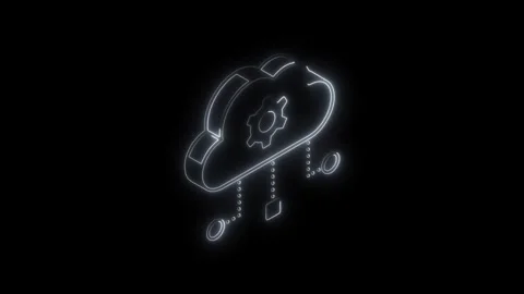 Glowing neon cloud icon with gear symbol and data connections on black back.. Stockbeeldmateriaal 314702661