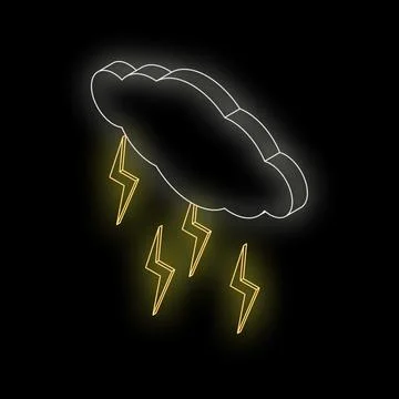 Glowing neon cloud producing lightning bolts on black background Stockillustratie