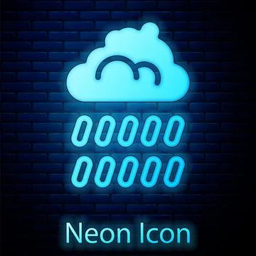 Glowing neon Cloud with rain icon isolated on brick wall background. Rain cloud Illustrazione stock