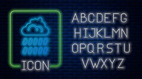 Glowing neon Cloud with rain icon isolated on brick wall background. Rain cloud Stock Illustration