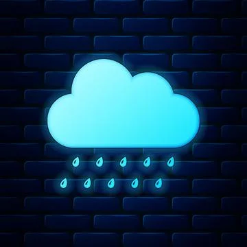 Glowing neon Cloud with rain icon isolated on brick wall background. Rain nimbus Illustrazione stock