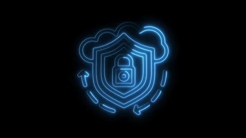 Glowing neon cloud security shield with data synchronization and protection.. Video stock 312310524