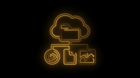 Glowing neon cloud storage icon with folder play button document and image .. Stock Footage 346123300