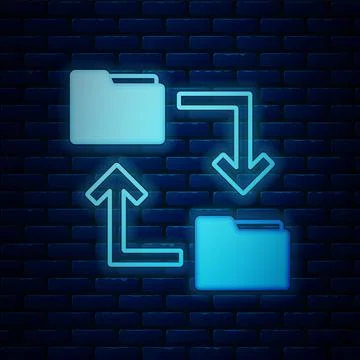 Glowing neon Cloud storage text document folder icon isolated on brick wall 스톡 일러스트