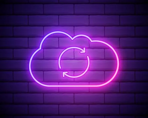 Glowing neon Cloud sync refresh icon isolated on brick wall background. Cloud Stock Illustration