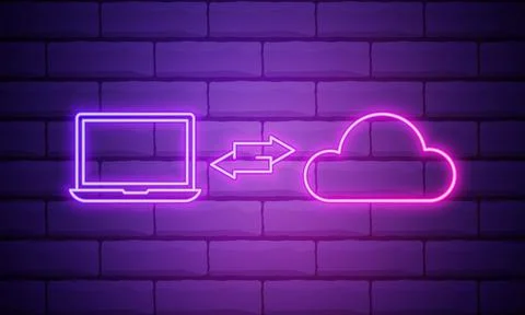 Glowing neon Cloud technology data transfer and storage icon isolated on bric Stock Illustration