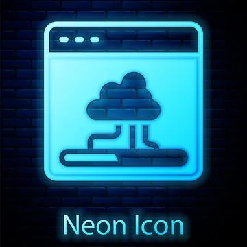 Glowing neon Cloud technology data transfer and storage icon isolated on brick Stock Illustration