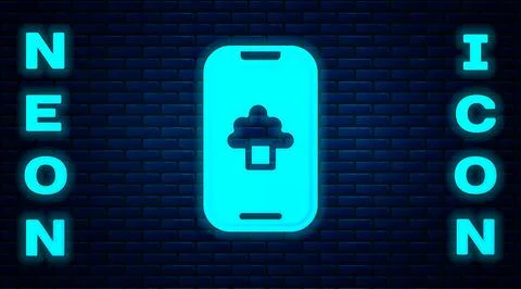 Glowing neon Cloud technology data transfer and storage icon isolated on bric Stock Illustration