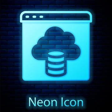 Glowing neon Cloud technology data transfer and storage icon isolated on brick Stock Illustration