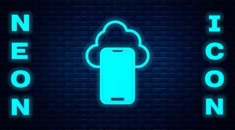 Glowing neon Cloud technology data transfer and storage icon isolated on brick Stock Illustration