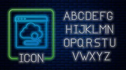 Glowing neon Cloud technology data transfer and storage icon isolated on brick Stock Illustration