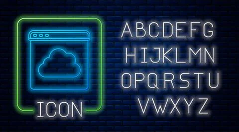 Glowing neon Cloud technology data transfer and storage icon isolated on br.. Stock Illustration