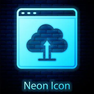 Glowing neon Cloud upload icon isolated on brick wall background. Vector Stock Illustration