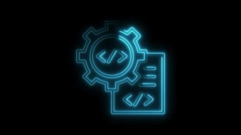 Glowing neon code development with gears and source code on dark background Stock Footage 312316128