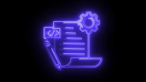 Glowing neon code document with pencil and gear icon symbolizing programmin.. Stock Footage 314712969