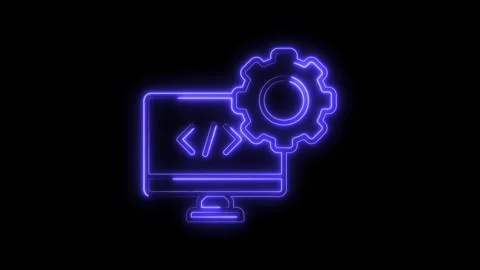 Glowing Neon Code Gear Icon Computer Monitor Technology Concept Digital Pro.. Stock Footage 315657613