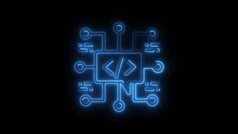 Glowing neon code icon animation on black background tech concept Stock Footage 308606007