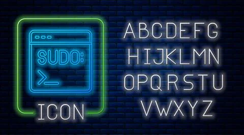 Glowing neon Code terminal icon isolated on brick wall background. Browser Stock Illustration