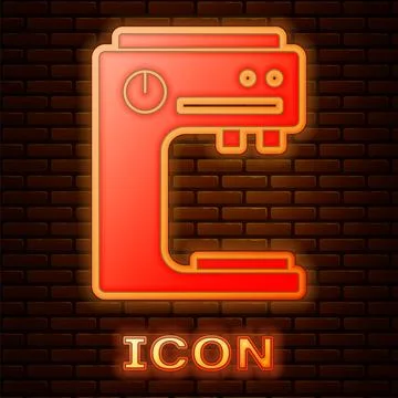 Glowing neon Coffee machine icon isolated on brick wall background.  Vector Stock Illustration