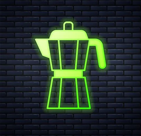 Glowing neon Coffee maker moca pot icon isolated on brick wall background Stock Illustration