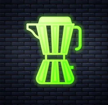 Glowing neon Coffee maker moca pot icon isolated on brick wall background.  V Stock Illustration