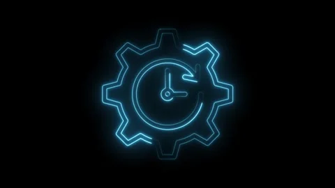 Glowing neon cogwheel with clock and refresh arrow illustrating continuous Stockbeeldmateriaal 322986700