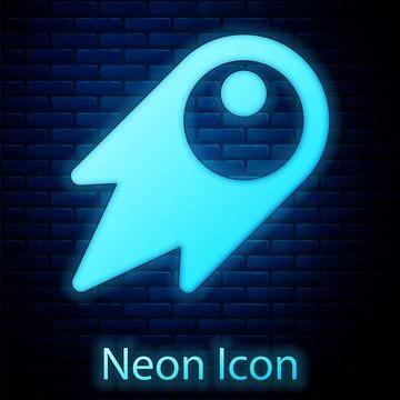 Glowing neon Comet falling down fast icon isolated on brick wall background Stock Illustration