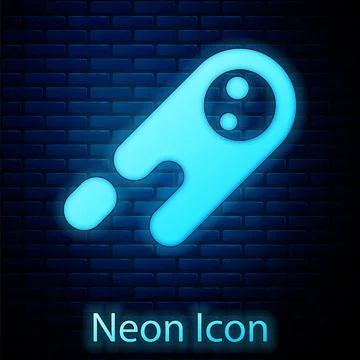 Glowing neon Comet falling down fast icon isolated on brick wall background Stock Illustration