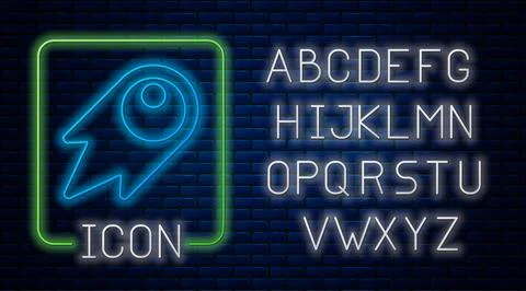 Glowing neon Comet falling down fast icon isolated on brick wall background.. Stock Illustration