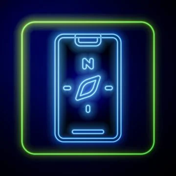 Glowing neon Compass screen apps on smartphone for navigation icon isolated on 스톡 일러스트