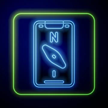 Glowing neon Compass screen apps on smartphone for navigation icon isolated on Illustrazione stock