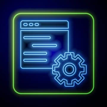 Glowing neon Computer api interface icon isolated on blue background. Applica Stock Illustration