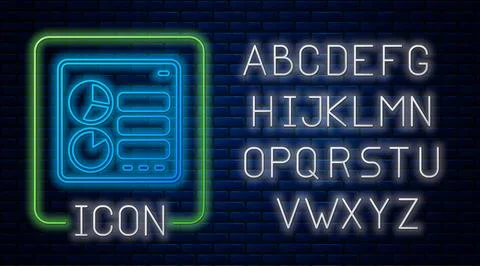Glowing neon Computer api interface icon isolated on brick wall background イラスト素材