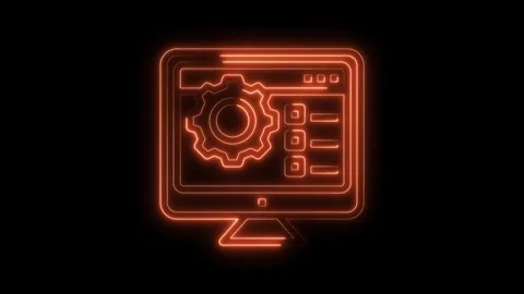 Glowing neon computer with cogwheel and interface elements on dark background 스톡 동영상 322971034