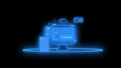 Glowing neon computer connection icon animation on black background Stock Footage 336911235