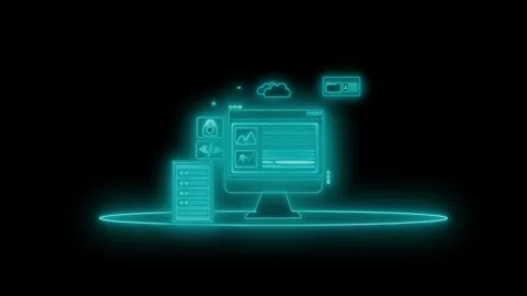 Glowing neon computer connection icon animation on black background Stock Footage 336911240