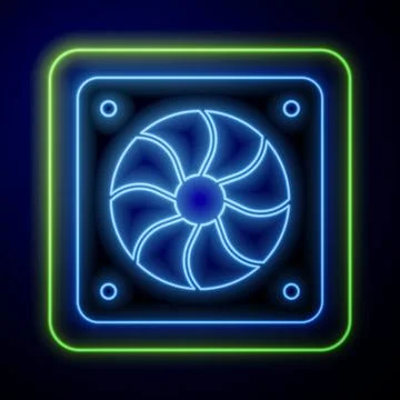 Glowing neon Computer cooler icon isolated on blue background. PC hardware fan Stockillustratie