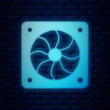 Glowing neon Computer cooler icon isolated on brick wall background. PC hardware 库存插图