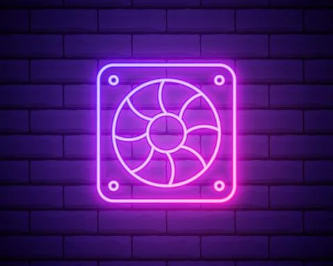 Glowing neon Computer cooler icon isolated on brick wall background. PC hardw Stock Illustration